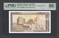 Lebanon 25 Lira 25-8-1983 P64c “S/N 08800” Uncirculated Grade 66
