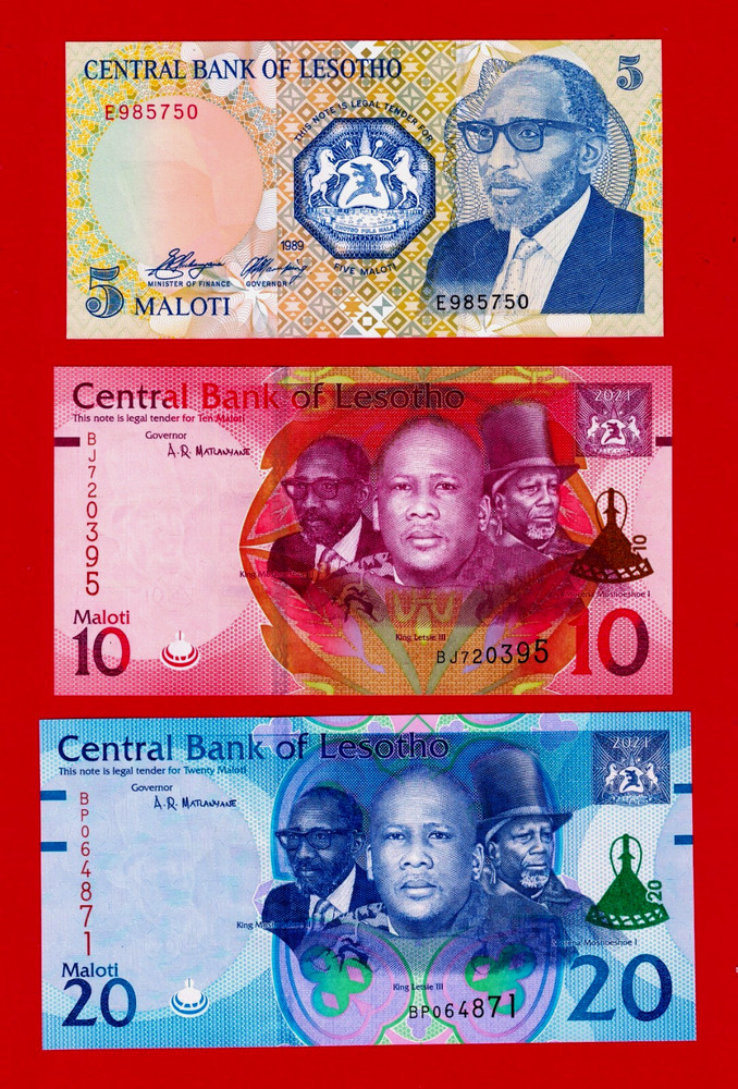 LESOTHO 5 MALOTI 1989 P-10a, 10 Maloti 2021 P-26 & 20 Maloti 2021 P-27 UNC NOTES