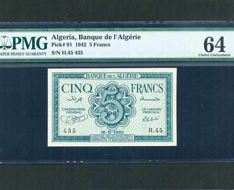 Algeria:P-91,5 Francs,1942 * PMG Ch. UNC 64 *