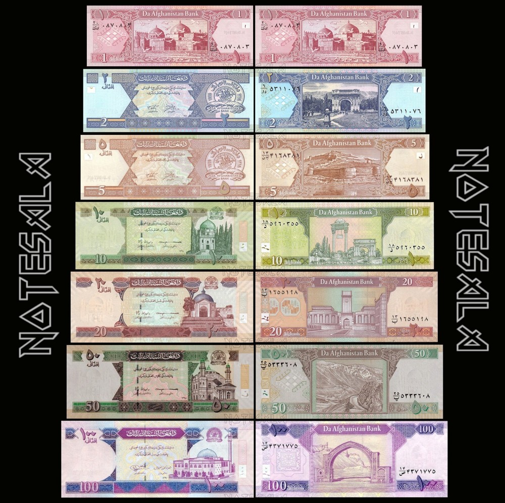 AFGHANISTAN SET 7 Pcs 1, 2, 5, 10, 20, 50 & 100 AFGHANIS 2002-2019 NEW-UNC