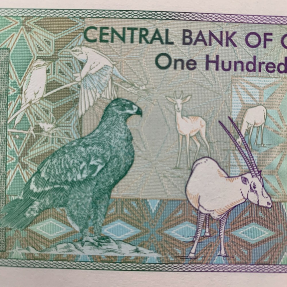 Falcon Note. Oman 100 Baisa Banknote. Omani Currency. Bird Paper Money