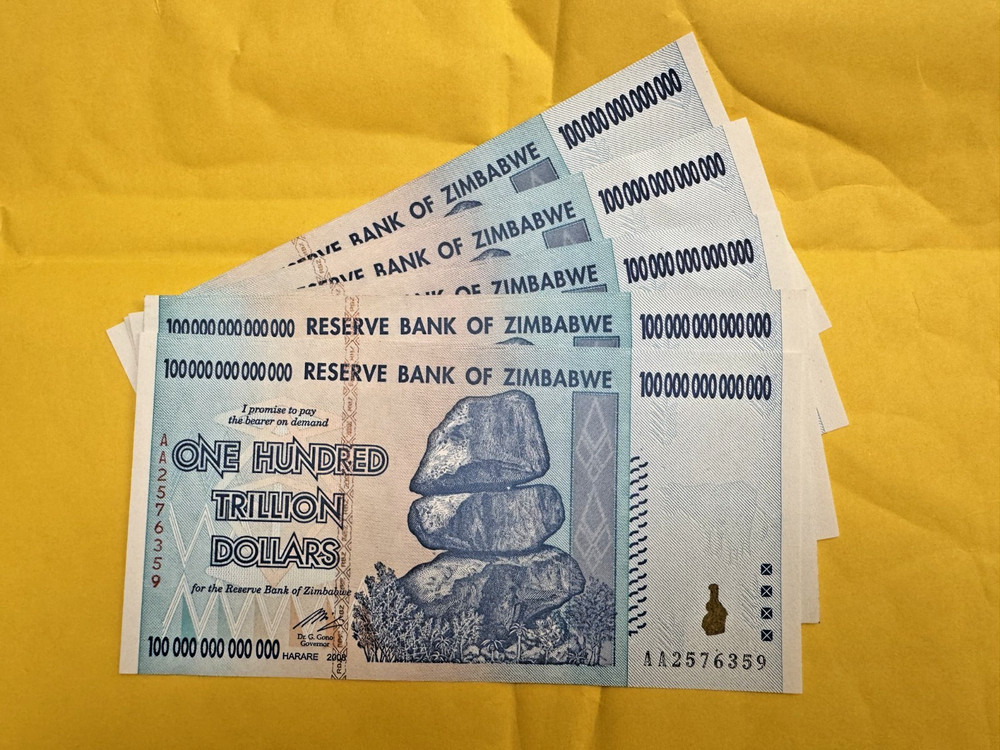 🇿🇼 ZIMBABWE 100 TRILLION DOLLAR BANKNOTES, P-91, UNCIRCULATED, LOT OF 5 🇿🇼