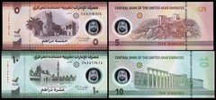 UAE United Arab Emirates 2 Pcs Polymer Set, 5 10 Dirhams 2022 2023, UNC, P-36 37