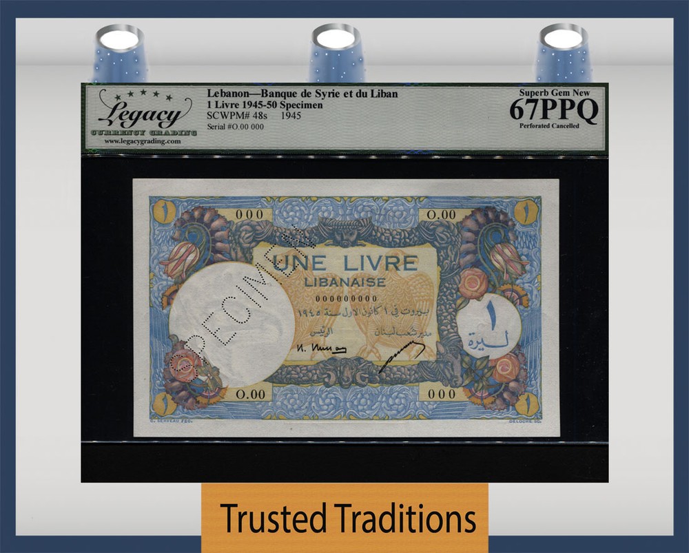 TT PK 48s 1950 LEBANON SPECIMEN 1 LIVRE LCG 67 PPQ SUPERB RARE & HIGHLY COVETED!