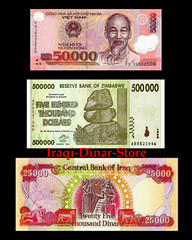 50, 000 Vietnam Dong, 500,000 Zimbabwe Dollars & 25, 000 Iraq Iraqi Dinar Unc