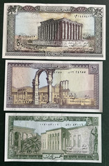 LEBANON SET OF 3 BANKNOTES 5,10 LIVRES 1986 AND 50 LIVRES 1988 UNC Free Shipping