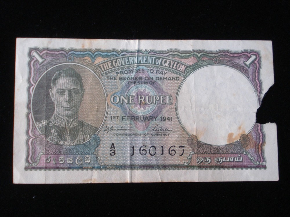 Ceylon 1 Rupee 1941 Banknote Scarce But Damaged (AB01)