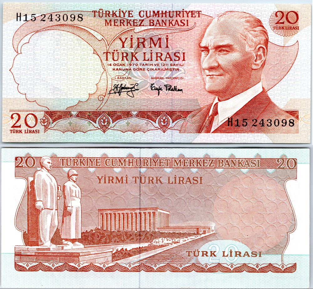 1990s Turkey 20 Yirmi Türk Lirası Atatürk Anıtkabir Ankara Red AUNC