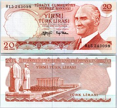 1990s Turkey 20 Yirmi Türk Lirası Atatürk Anıtkabir Ankara Red AUNC