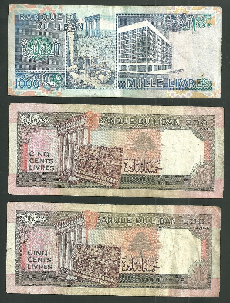 3 Lebanon Banknotes 500 & 1000 Livres 1988-1992 World Currency Paper Money