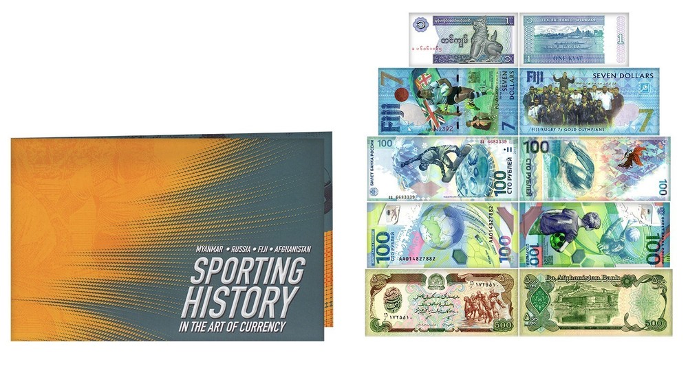 Sports Folder-Card, Myanmar, Russia, Fiji, and Afghanistan 5 Pcs Set, UNC w/ COA