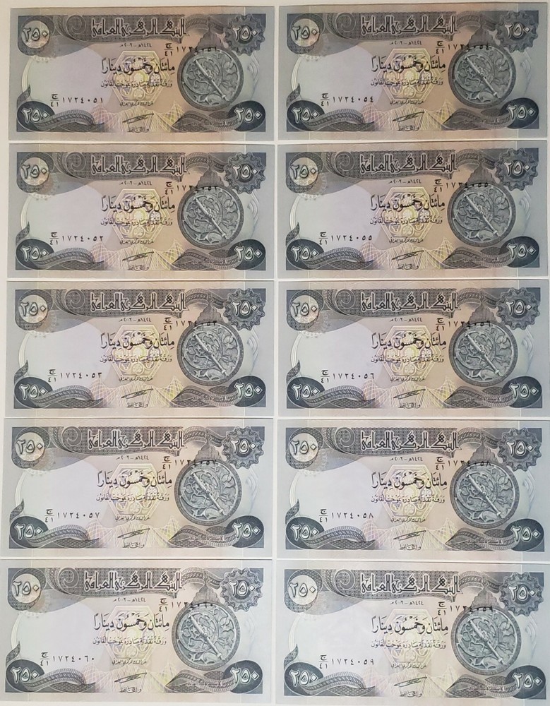 Genuine Iraq Iraqi 250 Dinar Notes 2500 Uncirculated 10×250
