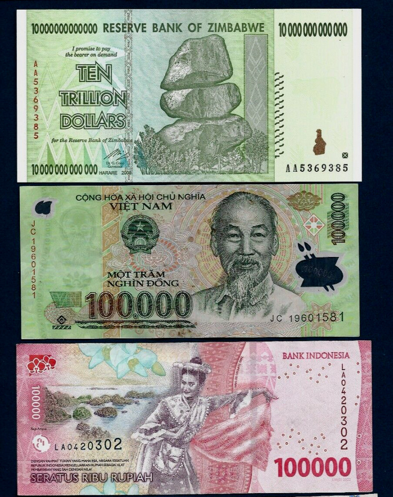 10 Trillion Zimbabwe $ 100000 Vietnam Dong 1000 Iraq Dinars 100000 Indonesia Rup