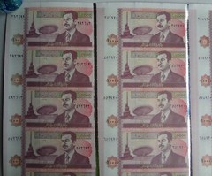 2002 IRAQ, SADDAM HUSSEIN, 10000 DINARS, UNCUT SHEET OF 15 BANKNOTES