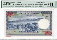 LEBANON 1952 P#60s1 (1952-63) 100 Livres Banknote TDLR Specimen PMG Ch UNC 64
