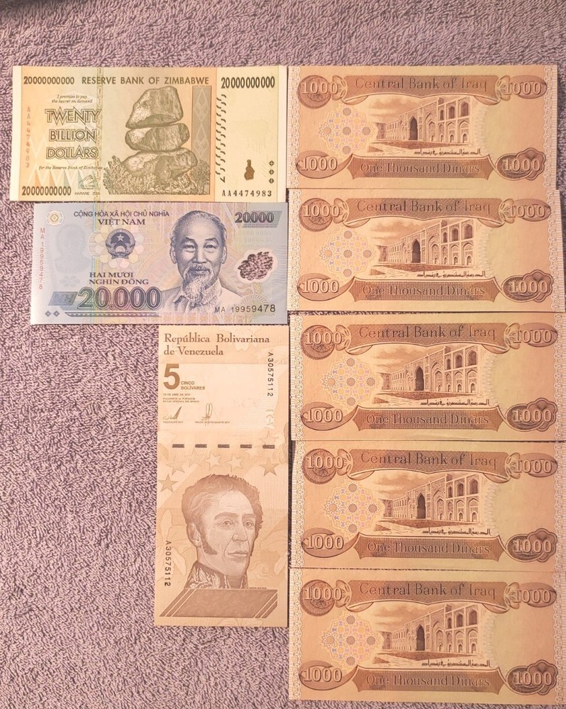 It. # J-1 / 5 X 1,000 Dinar + 20K Dong + 5 MIL Venezuela+20 Billion Zimbabwe