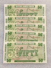 5 Sequential Serial #s British Armed Forces 50 New Pence Crisp Unc Notes (AF 3)