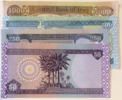 IRAQI DINAR (1/ea 50, 250, 500, 1000)= 1,800 IQD UNC Foreign Banknote/Currency
