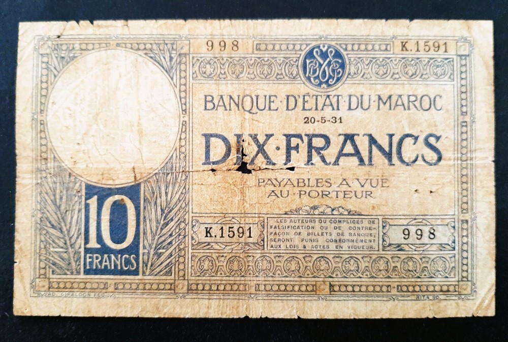 Morocco p-17a, VG, 10 Francs, 1931