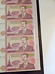 1986-2002 IRAQ 10,000 DINARS SADDAM ERA UNCUT SHEET OF 15 WITH SILVER FOIL