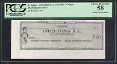 Lebanon Intra Bank Traveller’s Cheque 20 Pounds 19xx Photographic Proof AUNC