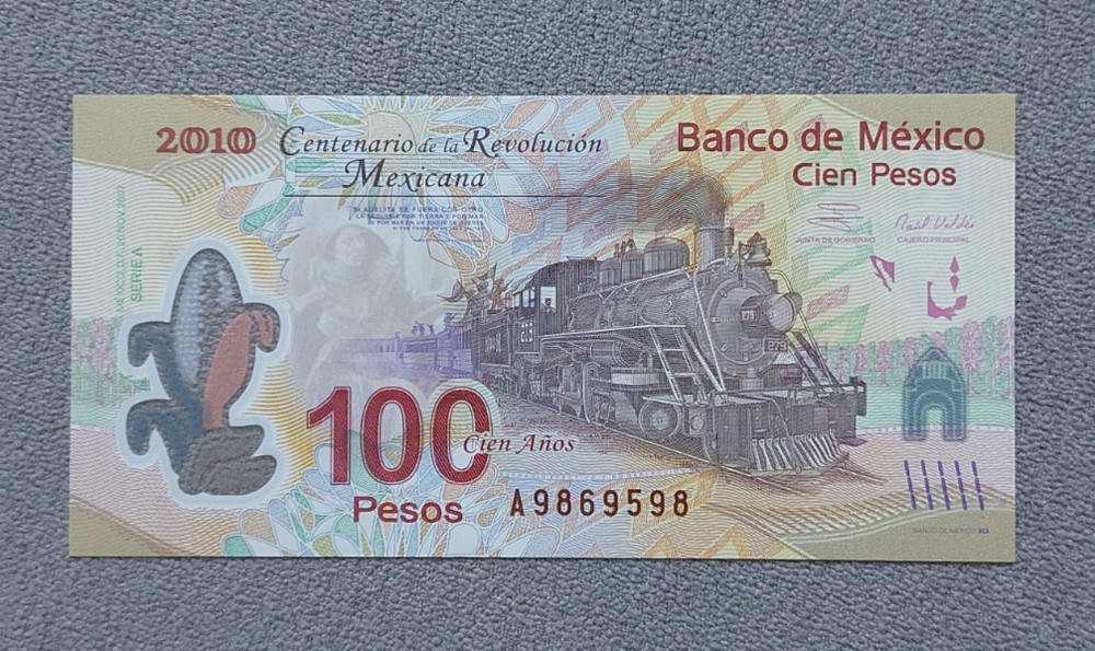 Mexico Banknote 100 Pesos 2010 P128 Prefix A Commemorative Train Polymer UNC