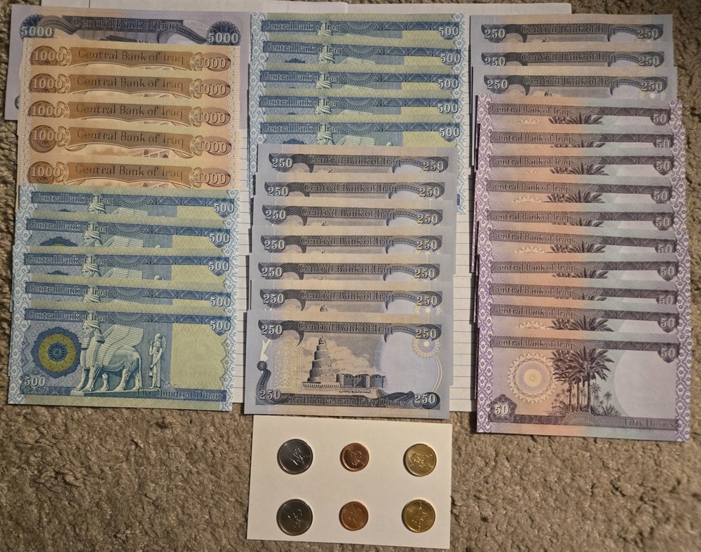 Iraqi Dinar : 1-5,000 + 5-1,000 + 10-500 + 10-250 + 10-50 + 6 coins Buy It Now!