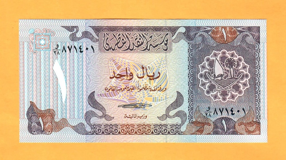 QATAR-1 RIYAL-ND (1985)-PICK 13b-SERIAL NUMBER 871401 , UNC .