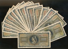 Greece 1000 Drachmai 1942 UNC, Greek banknote Statue of Lion Chaironeias Type C