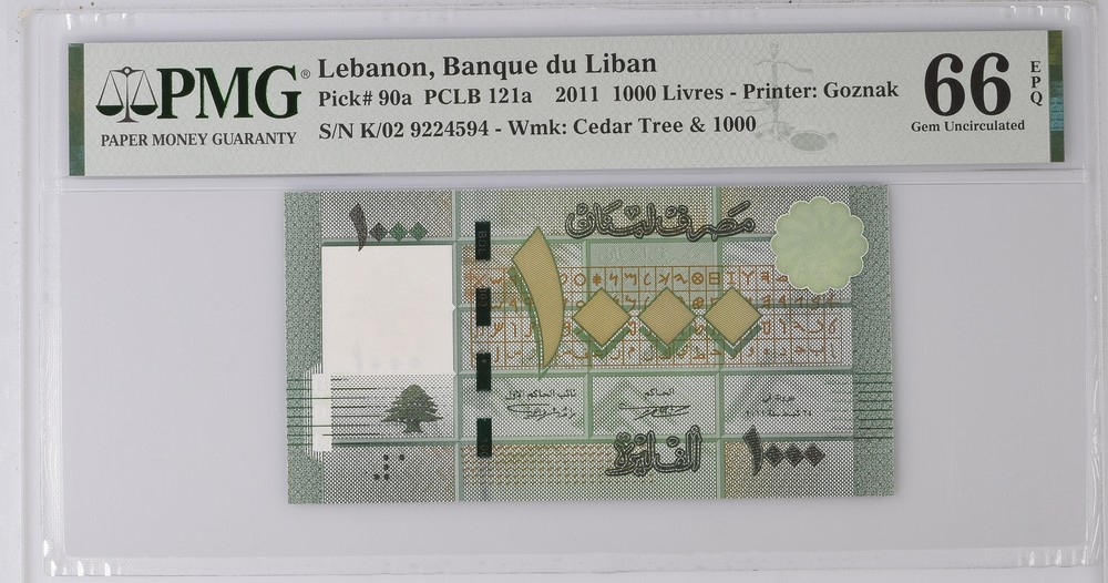 Lebanon 1000 Livres 2011 P 90 a Gem UNC PMG 66 EPQ