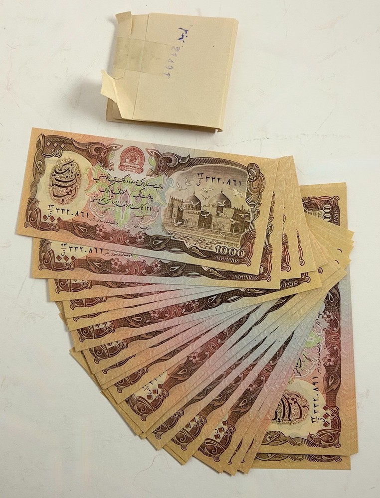 41x Afghanistan 1000 Afghanis Banknotes – 1991 (P-61c) – UNC – Sequential Serial