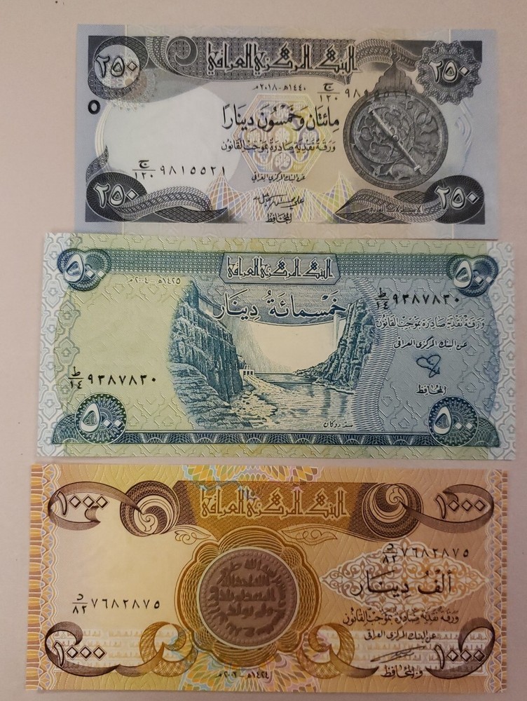 Iraq (Iraqi) 3 Note Set-1000, 500, 250, Dinar, Unc, Used in present day Iraq,