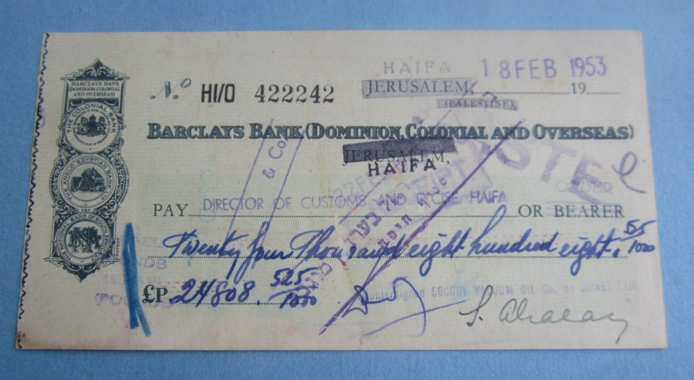 1953 – Socony Oil Co. of ISRAEL – JERUSALEM HAIFA – BANK CHECK – Barclay’s Bank