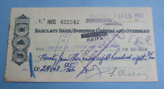 1953 – Socony Oil Co. of ISRAEL – JERUSALEM HAIFA – BANK CHECK – Barclay’s Bank