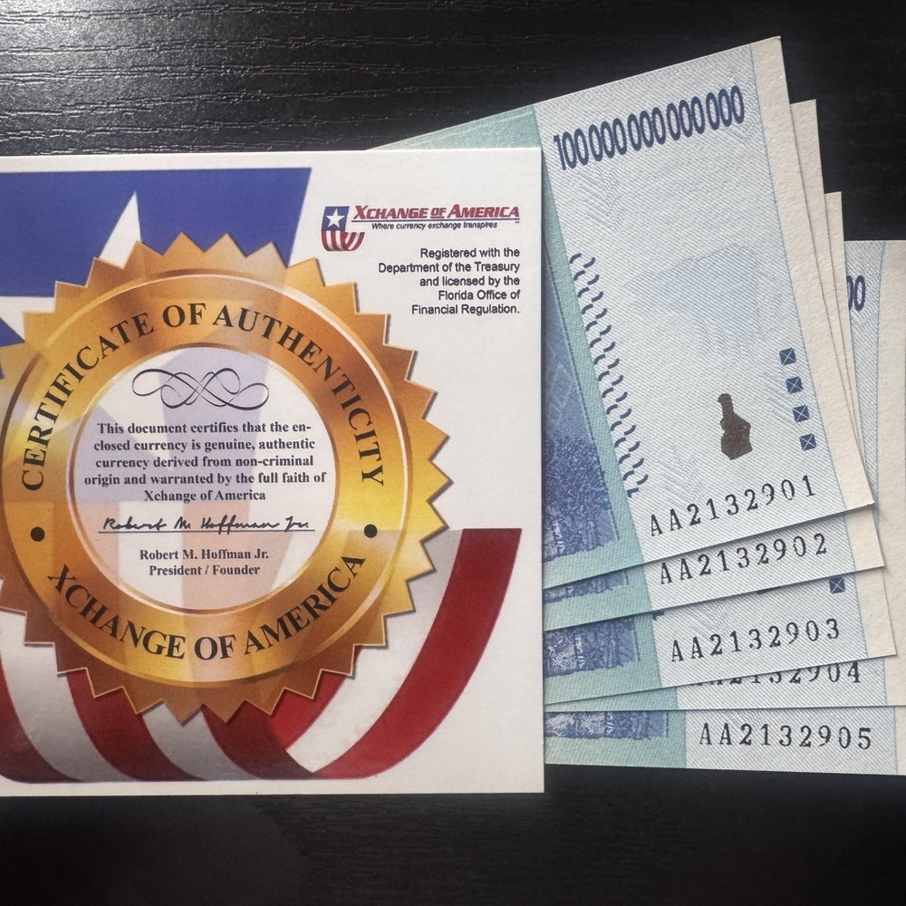 LOT OF 5, ZIMBABWE 100 TRILLION DOLLARS UNC 💎 XOA VERIFIED SEQUENTIAL SET