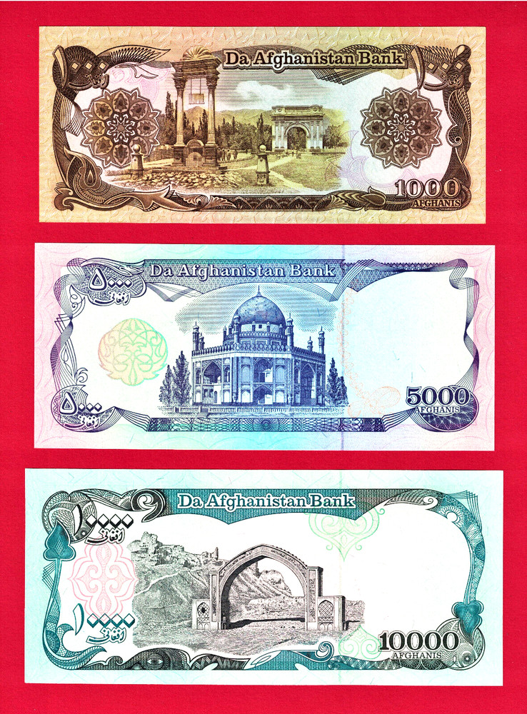 AFGHANISTAN UNC NOTES 1K Afghani 1990 (P-61b), 5K Afg 1993 (P-62) & 10K (P-63b)