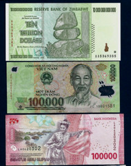 10 Trillion Zimbabwe $ 100000 Vietnam Dong 1000 Iraq Dinars 100000 Indonesia Rup