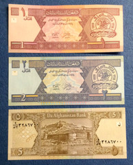 AFGHANISTAN,SET OF 3 BANK NOTES, 1,2 & 5 AFGHANI,P-64,P65,P66,FREE S/H FROM USA”
