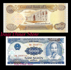 1,000 Iraqi Dinar & Receive a Free 5,000 Vietnam Dong – New Uncirculated -8 Left