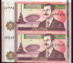 IRAQ Iraqi 10,000 Dinars 10000 2002 P-89 Uncut Sheet of 2 Saddam “Gulf War” UNC