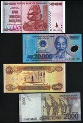 1000 Iraq Dinars, 5 Billion Zimbabwe Dollars, 20000 Vietnam Dong, 2000 Indonesia