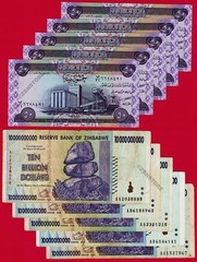 5 x 10 Billion Dollars Zimbabwe 2008 + 5 x 50 Iraq Dinars Authentic Banknotes