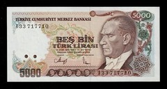 TURKEY, 5000 , ( 5,000 ) LIRA 4 th ISSUE ( 1990-1994 ) P 198 UNC * * Mustafa Kem