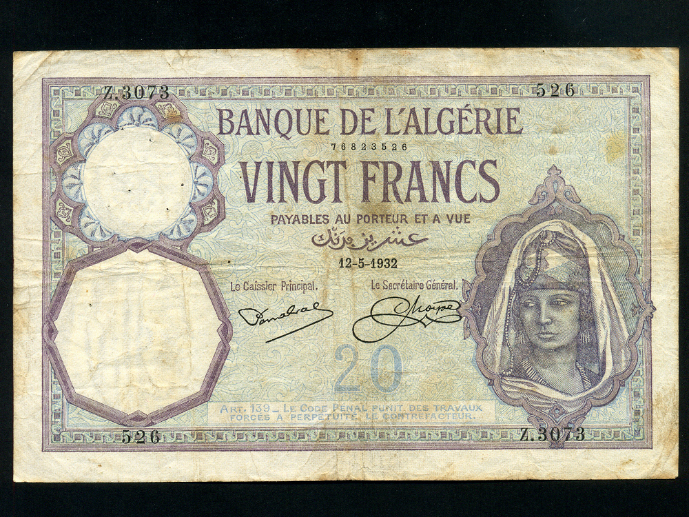Algeria:P-78b,20 Francs 1932 * French Rule *