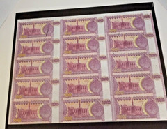 1986-2002 IRAQ 10,000 DINARS SADDAM ERA UNCUT SHEET OF 15 WITH SILVER FOIL