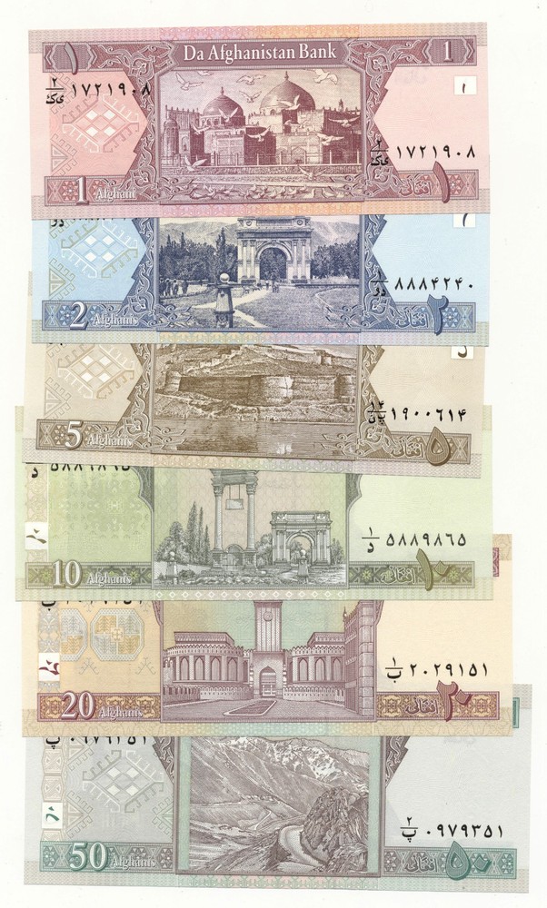 Afghanistan 1 – 50 Afghanis 1381 (2002) Unc Set -6 notes P. 64 – 69a