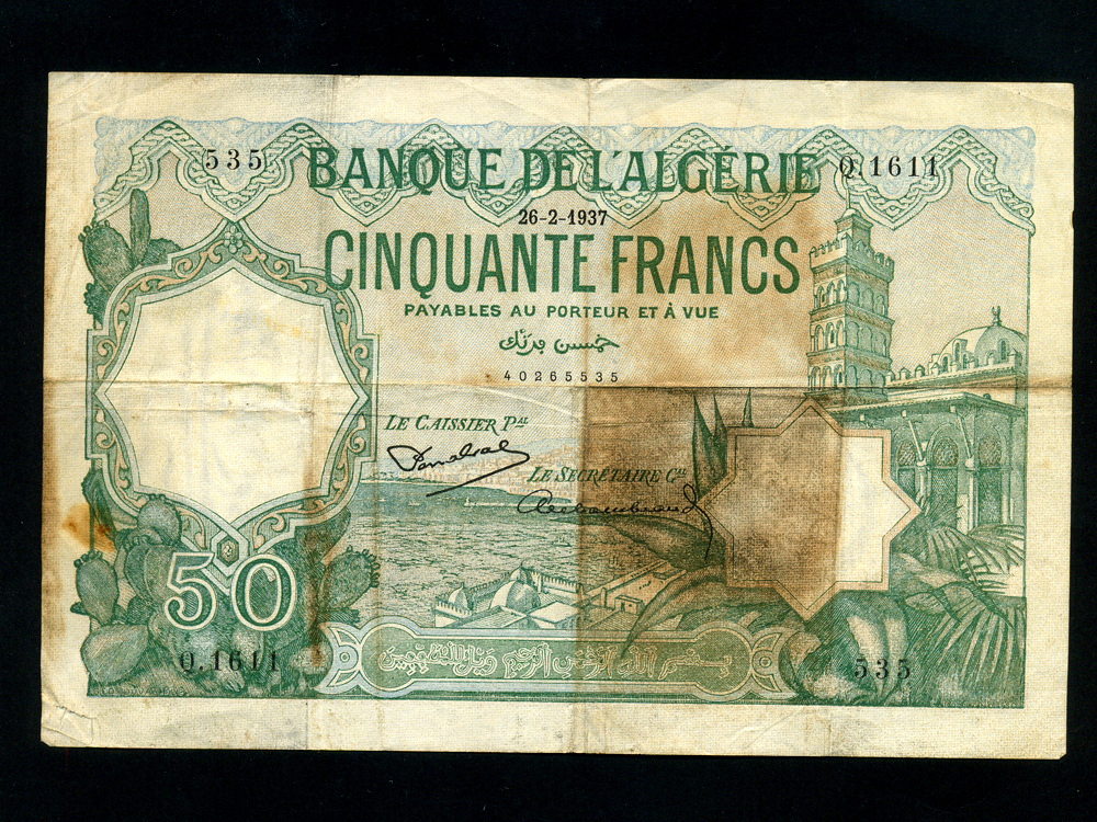 Algeria:P-80,50 Francs 1937 * French Rule * AlKetchaoua Mosque * F-VF *