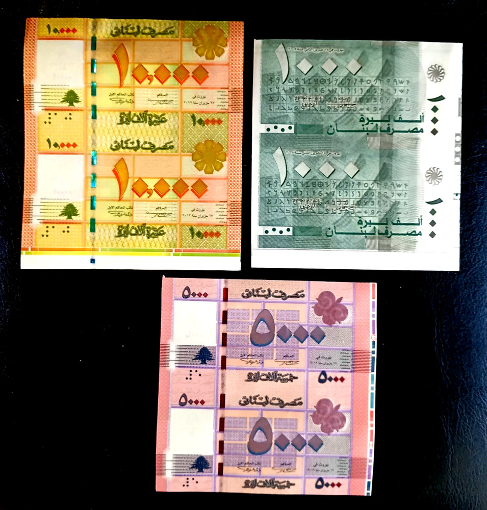 LEBANON 3 SCARCE UNCUT 2008/2012 BLOCKS OF TWO 1000-5000-10,000 BANKNOTES