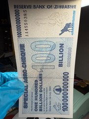 Authentic Zimbabwe 100 Billion Dollars, CIRCULATED Special Agro Cheque 2008