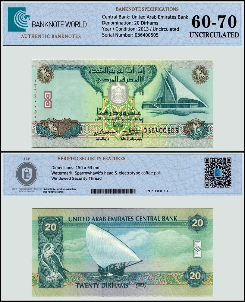 United Arab Emirates 20 Dirhams, 2013 (AH1434), P-28b, UNC, Authenticated